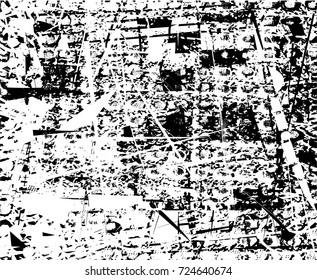 Print distress background in black and white texture with spots, scratches and lines. Abstract vector illustration. 