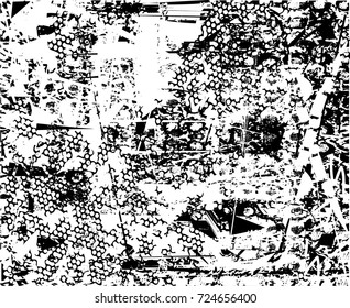 Print distress background in black and white texture with spots, scratches and lines. Abstract vector illustration. 
