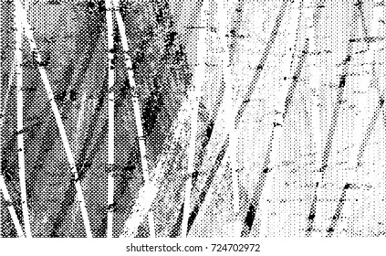 Print distress background in black and white texture with spots, scratches and lines. Abstract vector illustration. 