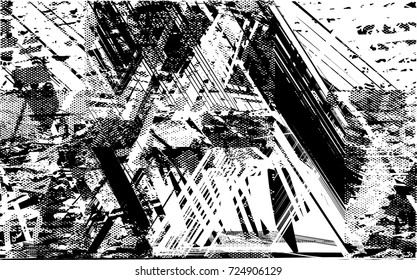 Print distress background in black and white texture with spots, scratches and lines. Abstract vector illustration. 