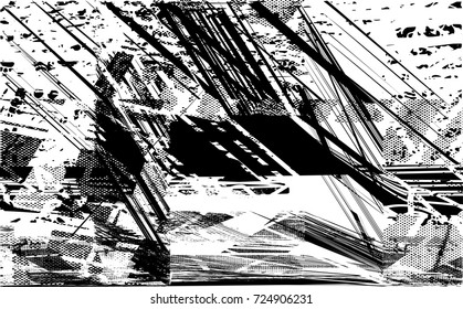 Print distress background in black and white texture with spots, scratches and lines. Abstract vector illustration. 