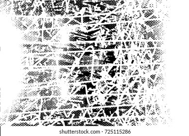 Print distress background in black and white texture with spots, scratches and lines. Abstract vector illustration. 