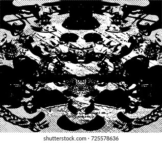 Print distress background in black and white texture with spots, scratches and lines. Abstract vector illustration. 