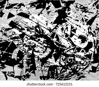 Print distress background in black and white texture with spots, scratches and lines. Abstract vector illustration. 