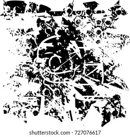 Print distress background in black and white texture with spots, scratches and lines. Abstract vector illustration. 