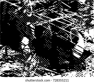 Print distress background in black and white texture with spots, scratches and lines. Abstract vector illustration. 