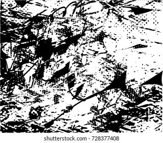 Print distress background in black and white texture with spots, scratches and lines. Abstract vector illustration. 