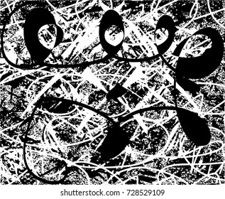 Print distress background in black and white texture with spots, scratches and lines. Abstract vector illustration. 