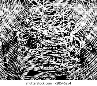 Print distress background in black and white texture with spots, scratches and lines. Abstract vector illustration. 