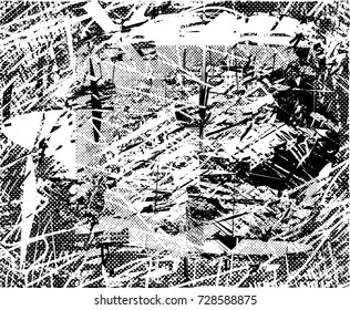 Print distress background in black and white texture with spots, scratches and lines. Abstract vector illustration. 