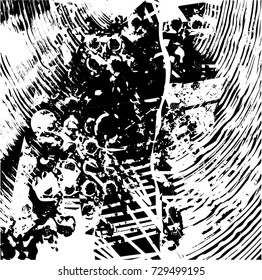 Print distress background in black and white texture with spots, scratches and lines. Abstract vector illustration. 