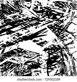 Print distress background in black and white texture with spots, scratches and lines. Abstract vector illustration. 