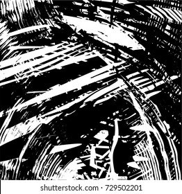 Print distress background in black and white texture with spots, scratches and lines. Abstract vector illustration. 