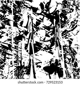 Print distress background in black and white texture with spots, scratches and lines. Abstract vector illustration. 