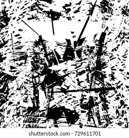 Print distress background in black and white texture with spots, scratches and lines. Abstract vector illustration. 