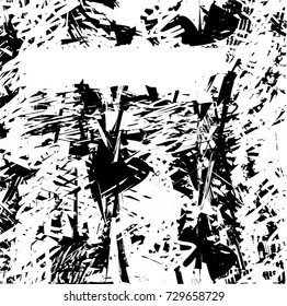Print distress background in black and white texture with spots, scratches and lines. Abstract vector illustration. 