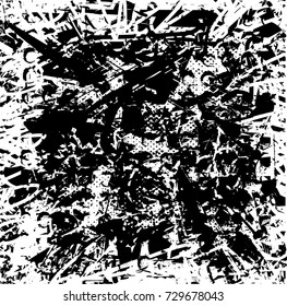 Print distress background in black and white texture with spots, scratches and lines. Abstract vector illustration. 