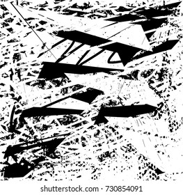 Print distress background in black and white texture with spots, scratches and lines. Abstract vector illustration. 
