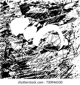 Print distress background in black and white texture with spots, scratches and lines. Abstract vector illustration. 
