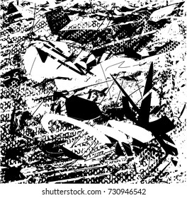 Print distress background in black and white texture with spots, scratches and lines. Abstract vector illustration. 
