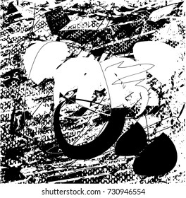 Print distress background in black and white texture with spots, scratches and lines. Abstract vector illustration. 
