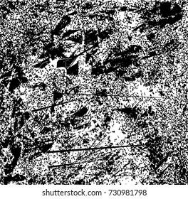 Print distress background in black and white texture with spots, scratches and lines. Abstract vector illustration. 