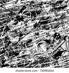 Print distress background in black and white texture with spots, scratches and lines. Abstract vector illustration. 
