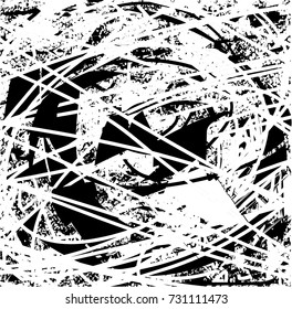 Print distress background in black and white texture with spots, scratches and lines. Abstract vector illustration. 