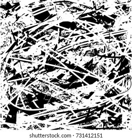Print distress background in black and white texture with spots, scratches and lines. Abstract vector illustration. 