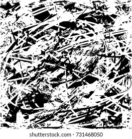 Print distress background in black and white texture with spots, scratches and lines. Abstract vector illustration. 