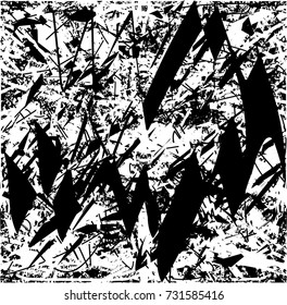 Print distress background in black and white texture with spots, scratches and lines. Abstract vector illustration. 