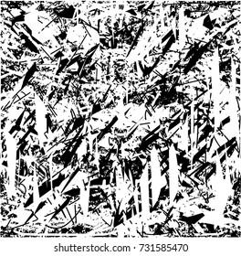 Print distress background in black and white texture with spots, scratches and lines. Abstract vector illustration. 