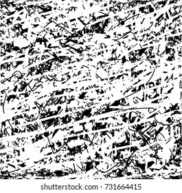 Print distress background in black and white texture with spots, scratches and lines. Abstract vector illustration. 