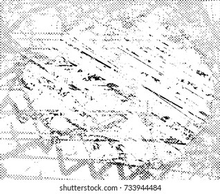 Print distress background in black and white texture with spots, scratches and lines. Abstract vector illustration. 