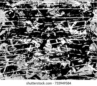 Print distress background in black and white texture with spots, scratches and lines. Abstract vector illustration. 