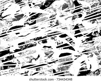 Print distress background in black and white texture with spots, scratches and lines. Abstract vector illustration. 