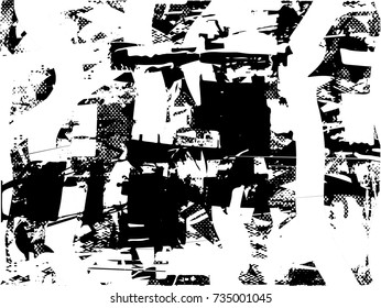 Print distress background in black and white texture with spots, scratches and lines. Abstract vector illustration. 