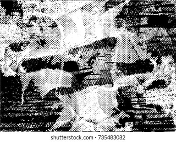 Print distress background in black and white texture with spots, scratches and lines. Abstract vector illustration. 