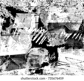 Print distress background in black and white texture with spots, scratches and lines. Abstract vector illustration. 