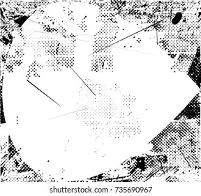 Print distress background in black and white texture with spots, scratches and lines. Abstract vector illustration. 
