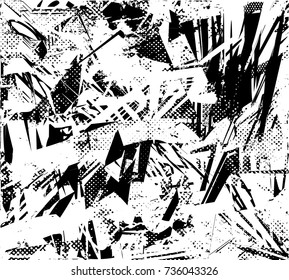 Print distress background in black and white texture with spots, scratches and lines. Abstract vector illustration