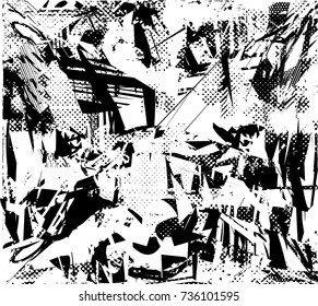 Print distress background in black and white texture with spots, scratches and lines. Abstract vector illustration