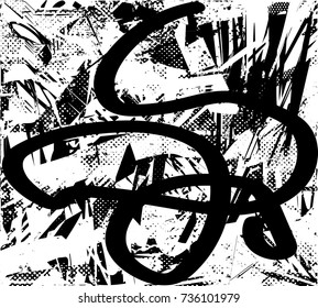 Print distress background in black and white texture with spots, scratches and lines. Abstract vector illustration