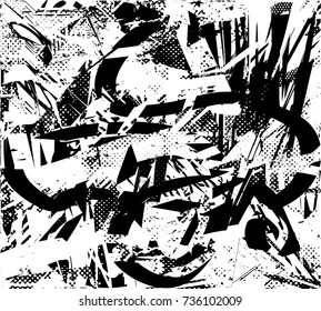 Print distress background in black and white texture with spots, scratches and lines. Abstract vector illustration