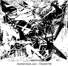 Print distress background in black and white texture with spots, scratches and lines. Abstract vector illustration