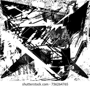 Print distress background in black and white texture with spots, scratches and lines. Abstract vector illustration