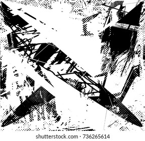 Print distress background in black and white texture with spots, scratches and lines. Abstract vector illustration