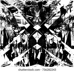 Print distress background in black and white texture with spots, scratches and lines. Abstract vector illustration