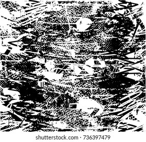 Print distress background in black and white texture with spots, scratches and lines. Abstract vector illustration