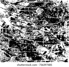 Print distress background in black and white texture with spots, scratches and lines. Abstract vector illustration
